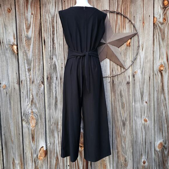 Sleeveless Belted Jumpsuit Eileen Fisher Sz L Black Stretch Crepe Crop Wide Leg - Picture 5 of 10